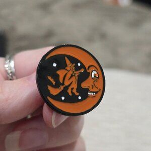 Retro ✦ Halloween Witch & Moon Enamel Pin ✦ Spooky Crescent Flying Broom Brooch